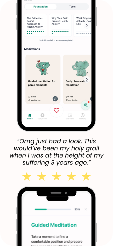 Screenshots of the Condri app interface showing health anxiety lessons and guided meditations with a five star user testimonial
