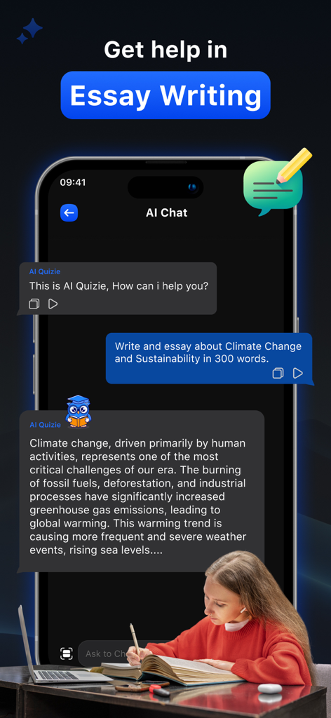 AI Search,Answer Search Engine - Mobile app interface showing AI Quizie generating an essay about climate change for a student.