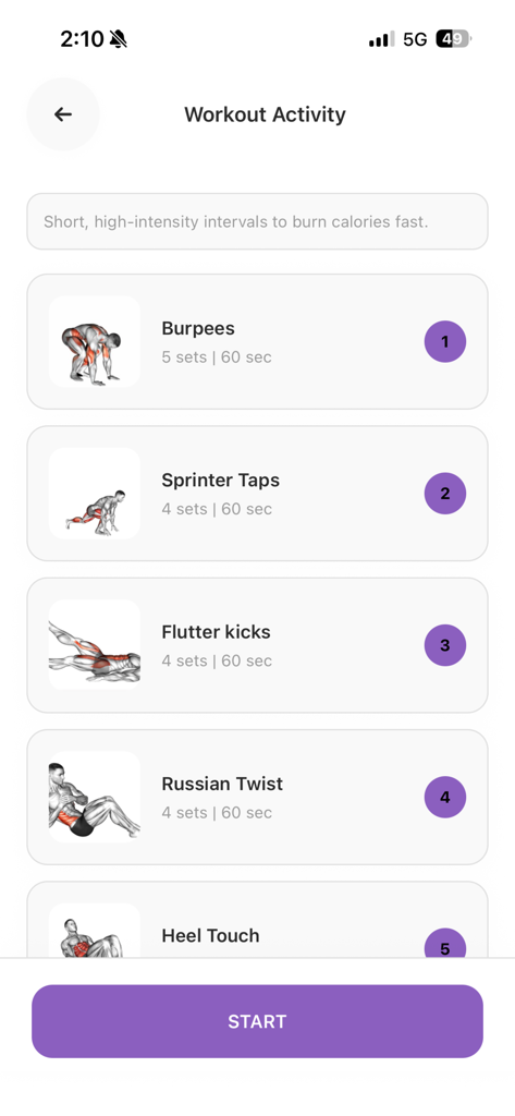 Home workout app: No Equipment - Pantalla de actividad de entrenamiento que muestra ejercicios como burpees y flutter kicks con un botón de inicio