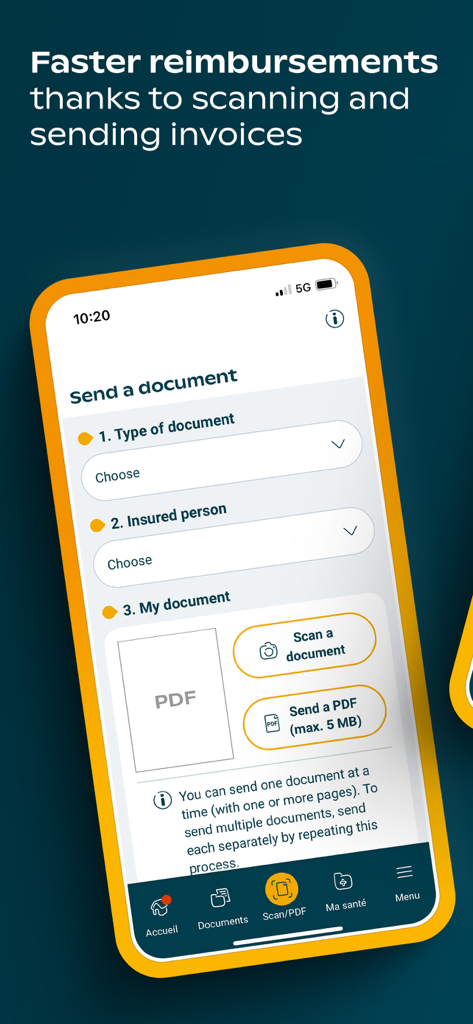 Mobile App-Oberfläche, die zeigt, wie Arztrechnungen zur Rückerstattung bei der Groupe Mutuel gescannt und gesendet werden