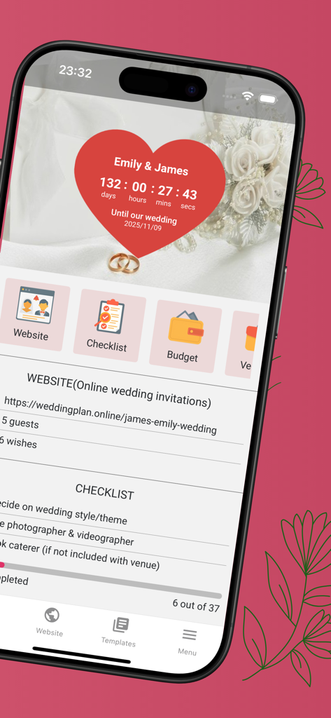 Dashboard principale dell'app Wedding Plan che mostra un conto alla rovescia a forma di cuore e una checklist di pianificazione.