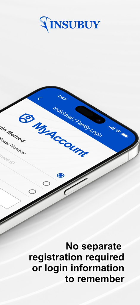 Insubuy MyAccount mobile app login screen showing individual and family login options
