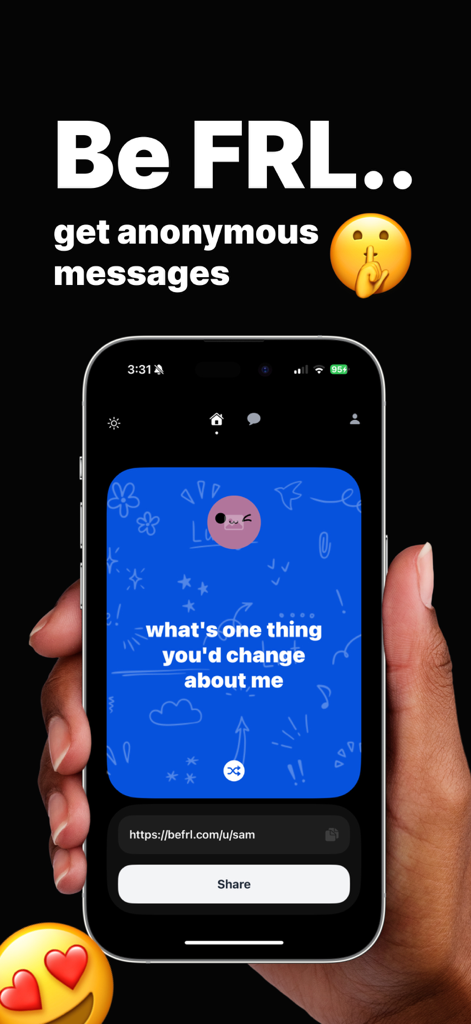 FRL - Anonymous Messages - Interface do aplicativo FRL mostrando um cartão de pergunta anônima na tela de um iPhone.