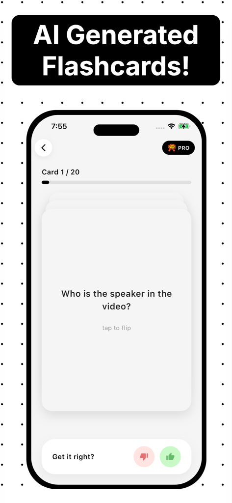 AI Note Taker - Cobnote - Smartphone screen showing an AI generated study flashcard in the Cobnote app with a question for active recall learning.