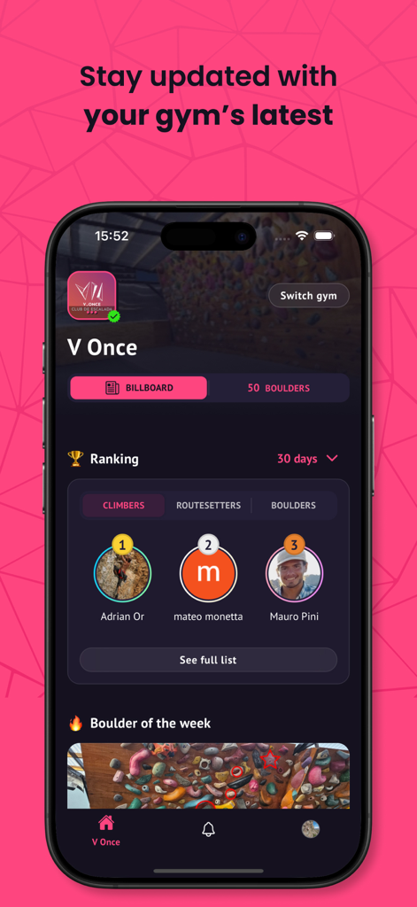 Boulder Creator - Boulder Creator app screen showing climbing gym rankings and the boulder of the week.