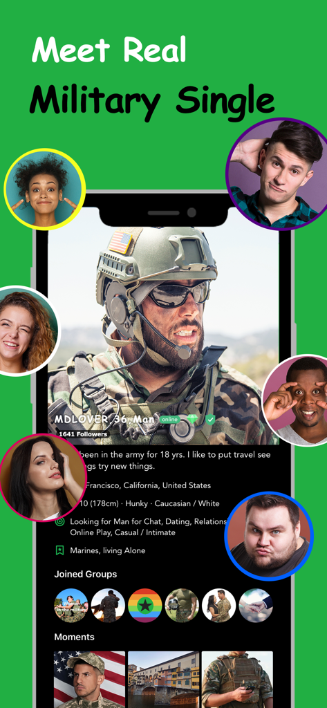 Military Dating App - MD Date - Interfaz de la aplicación de citas militares que muestra el perfil de un hombre uniformado con círculos de otros perfiles de usuario sobre un fondo verde.