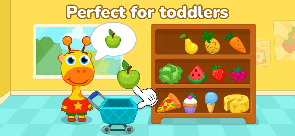 Puzzle mini games for kids - Puzzle éducatif de tri alimentaire pour enfants avec une girafe et un chariot de courses