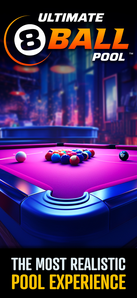 Realistic 3D pool table with purple cloth and billiards balls in Ultimate 8 Ball Pool mobile game