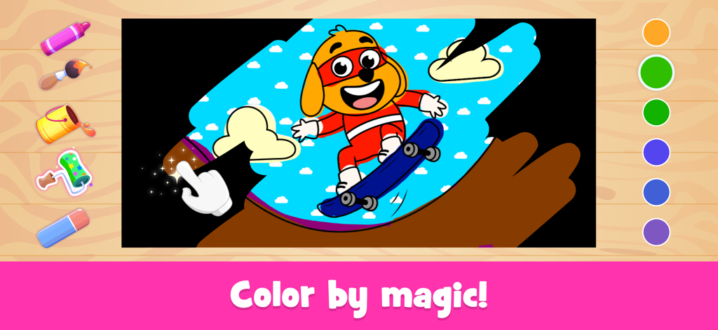 Coloring Pages: for Kids - A magic coloring screen from the Kiddopia app showing a dog on a skateboard being revealed with a touch