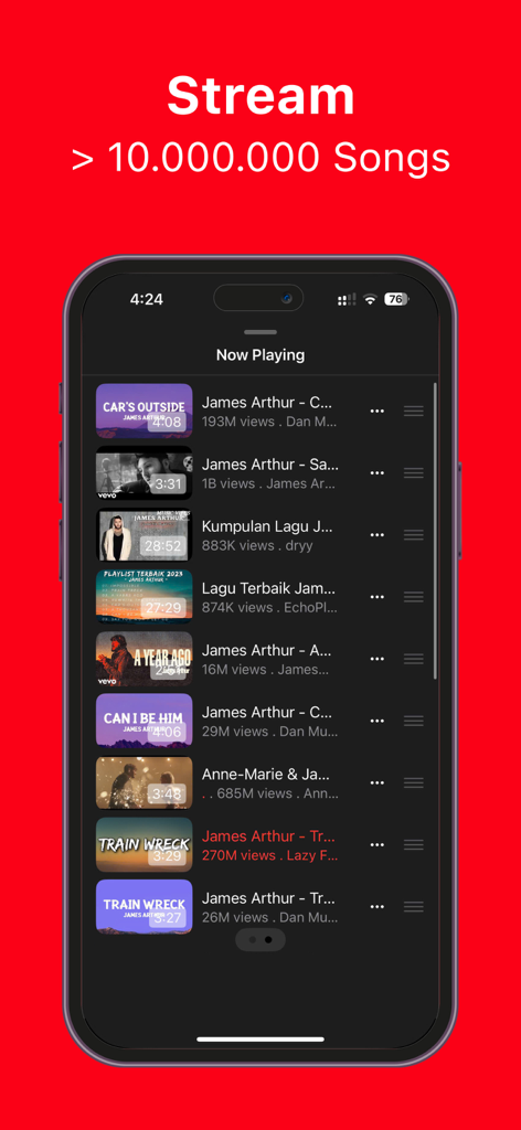 Player GR App-Oberfläche, die eine Liste von Songs mit Thumbnails und Wiedergabeoptionen anzeigt