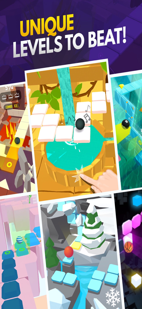 Dancing Ball World: Music Game - A collage of diverse musical levels in Dancing Ball World featuring tropical winter and volcanic environments