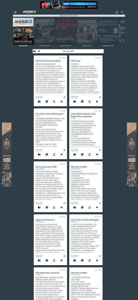 Interfaz de la aplicación Avionics News Magazine que muestra artículos técnicos de aviación y actualizaciones regulatorias