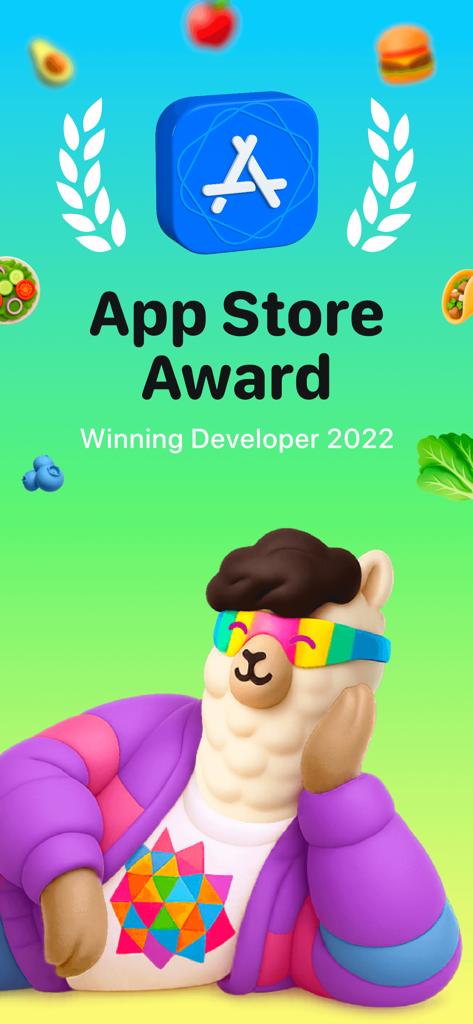 Foodllama AI calorie tracker - Promotional image for Foodllama AI calorie tracker featuring a whimsical llama character and App Store Award Winning Developer 2022 badge