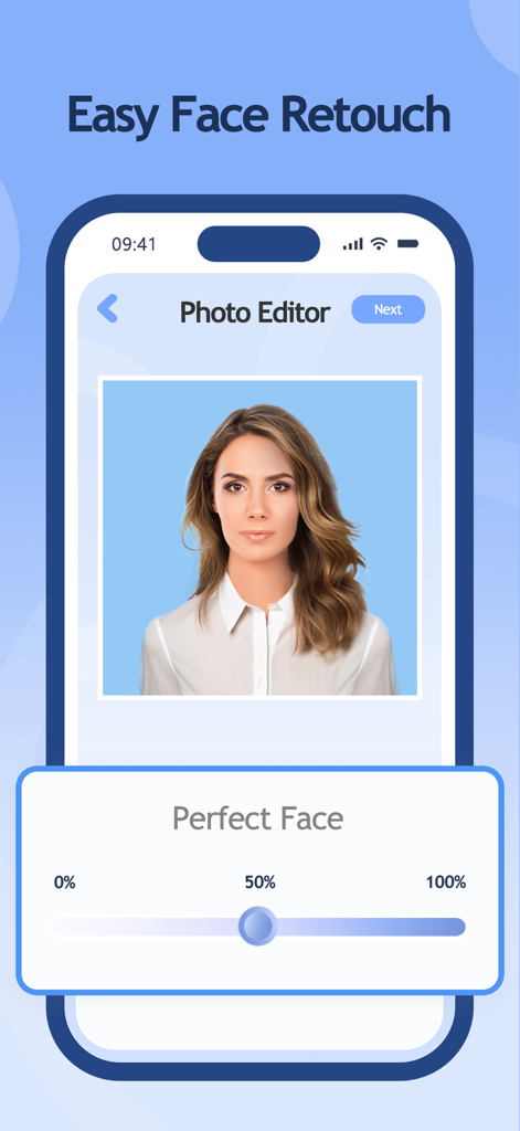 Passport Photo Maker ID Photo・ - Mobile app interface showing the easy face retouch feature for a passport photo