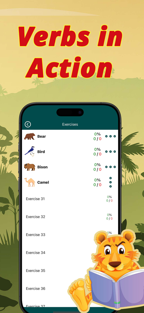 Learning English: Verbs - Pantalla de aplicación móvil que muestra una lista de ejercicios de verbos en inglés y lecciones de gramática con temática de jungla