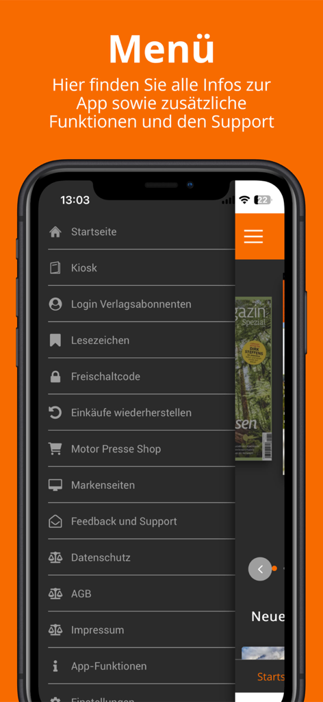 Sport Kiosk - Smartphone screen showing the navigation menu of the Sport Kiosk digital magazine app.