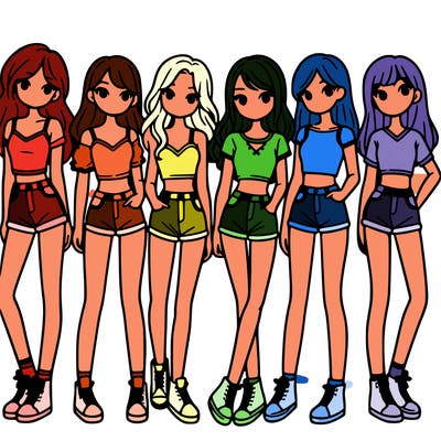 a group of girls wearing crop tops and shorts