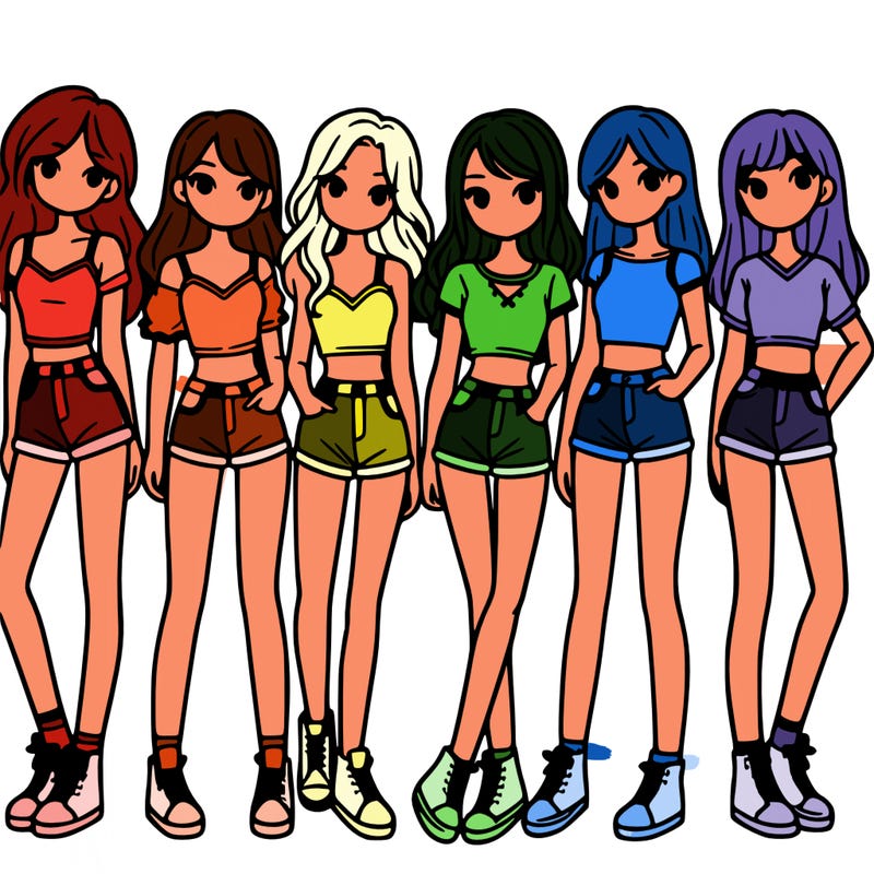 a group of girls wearing crop tops and shorts
