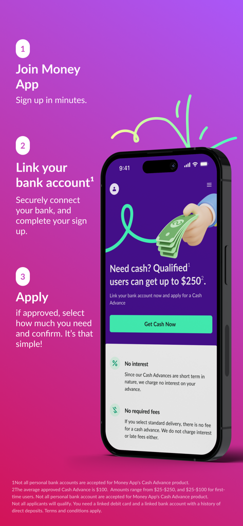 Captura de pantalla de una aplicación móvil que muestra tres pasos para registrarse, vincular una cuenta bancaria y solicitar un adelanto de efectivo de hasta 250 dólares sin intereses.