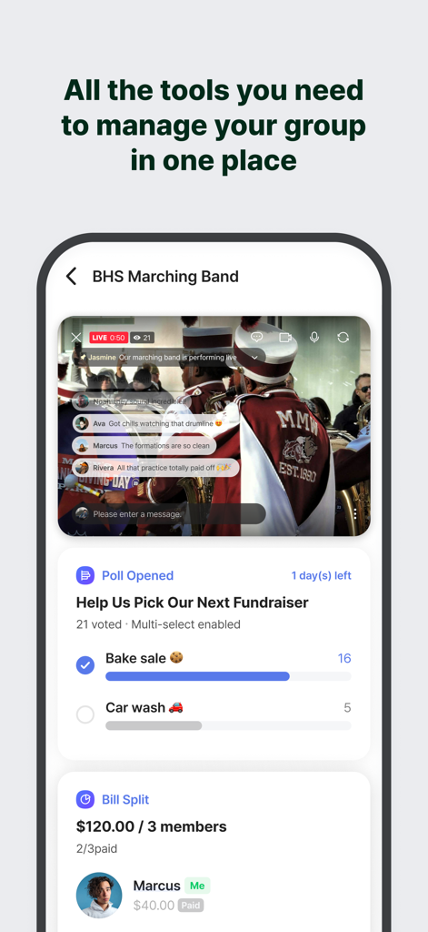 BAND app interface showing live stream and polling tools for group coordination