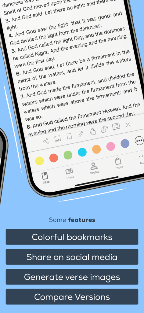 Bible Offline JFA - Interface de l'application mobile Bible Offline JFA présentant les outils de surlignage des versets et les fonctionnalités de partage social.