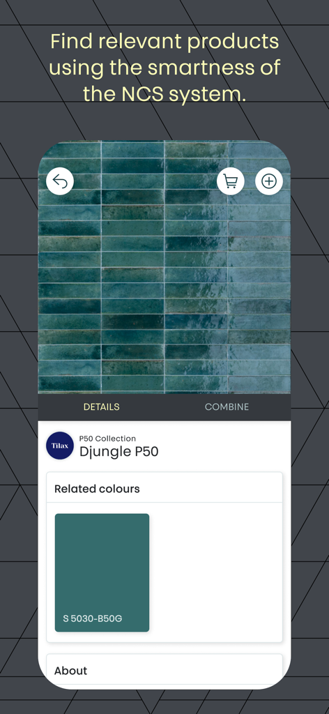 Interfaz de la aplicación NCS+ que muestra colores NCS relacionados para una colección de productos de baldosas verde azulado.