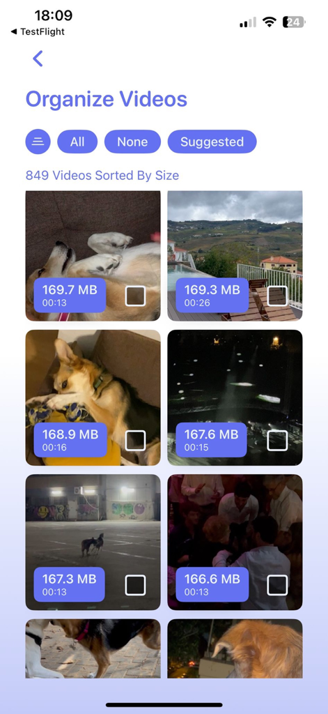 Storage Cleaner* - Storage Cleaner app interface showing large video files sorted by size with checkboxes for deletion