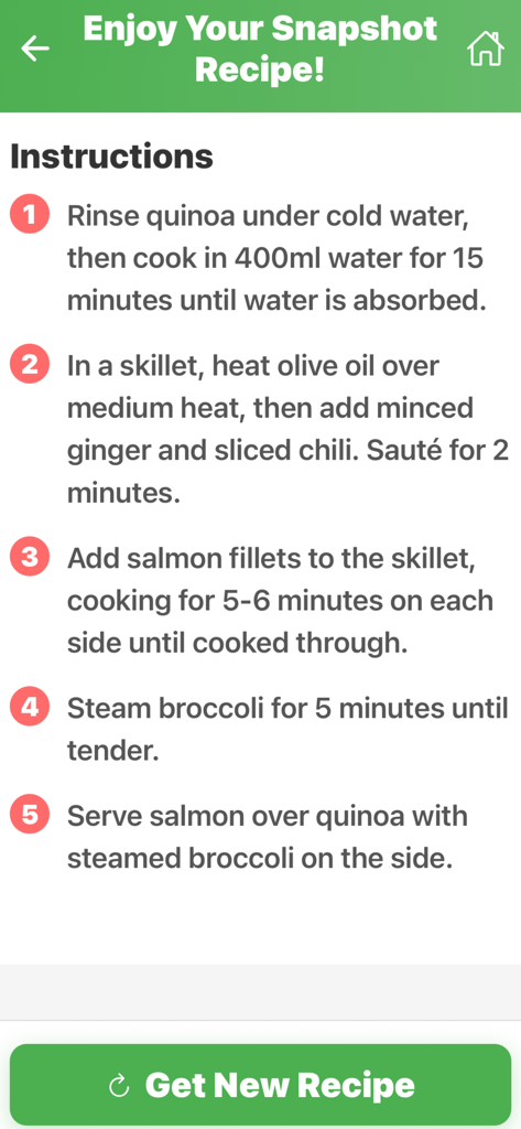 Una pantalla que muestra cinco instrucciones de cocina numeradas para una receta de salmón y quinoa dentro de la aplicación Recetas Instantáneas.