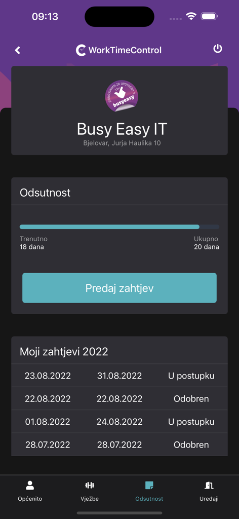 WorkTimeControl - WorkTimeControl app screen showing employee absence status and leave request history