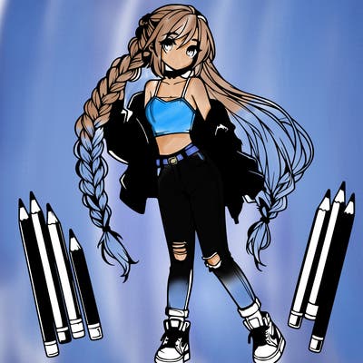 an anime themed girl with beautiful braid reaching their waist, they are wearing a cropped top and ripped jeans with high tops and a leather jacket