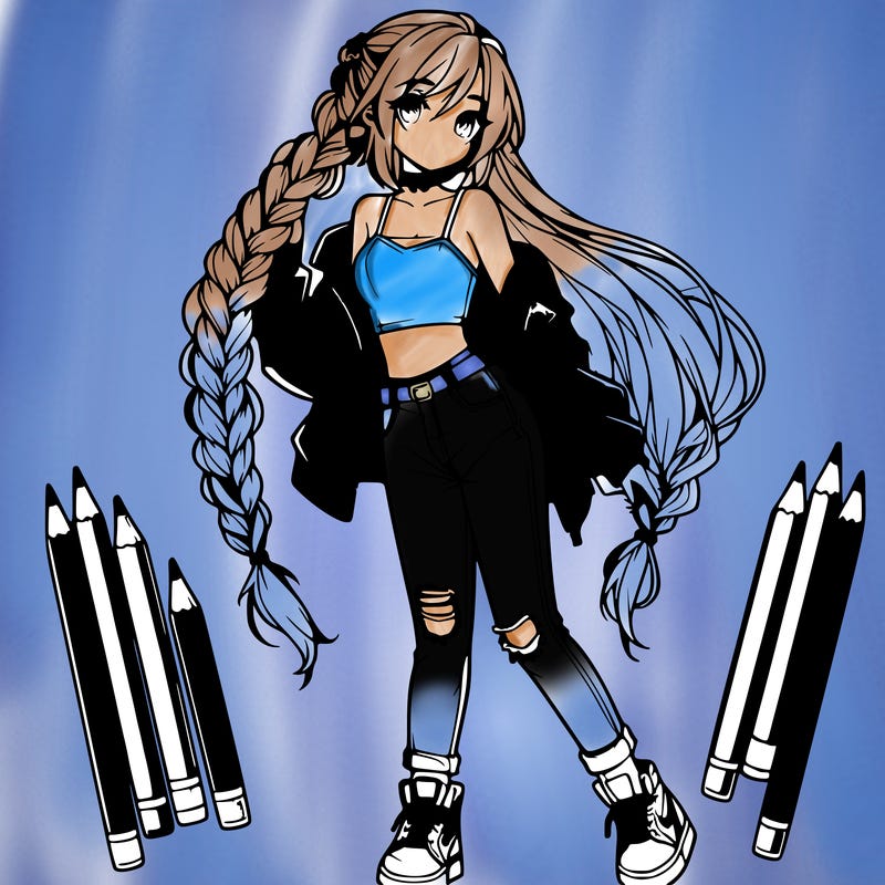 an anime themed girl with beautiful braid reaching their waist, they are wearing a cropped top and ripped jeans with high tops and a leather jacket