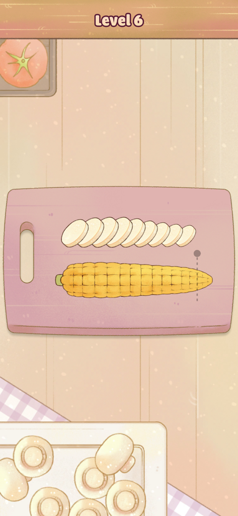 My Cozy Life - Affettare mais su un tagliere rosa nel gioco mobile My Cozy Life