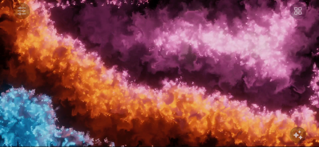 Go Particles: Anxiety Relief - Partículas fluidas coloridas anaranjadas, púrpuras y azules arremolinándose en la pantalla para el alivio de la ansiedad