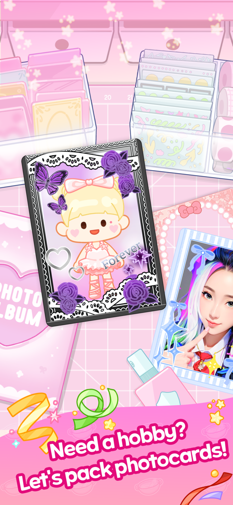 Aesthetic K-pop style photocard packing screen in Malatang Master with stickers and cute characters