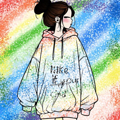 realistic girl with a oversized sweatshirt on and a bun