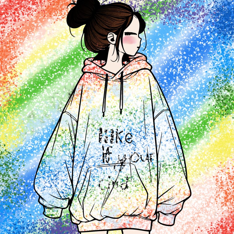 realistic girl with a oversized sweatshirt on and a bun