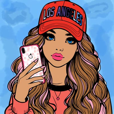 realistic beautiful girl wearing los ángeles cap holding an iphone