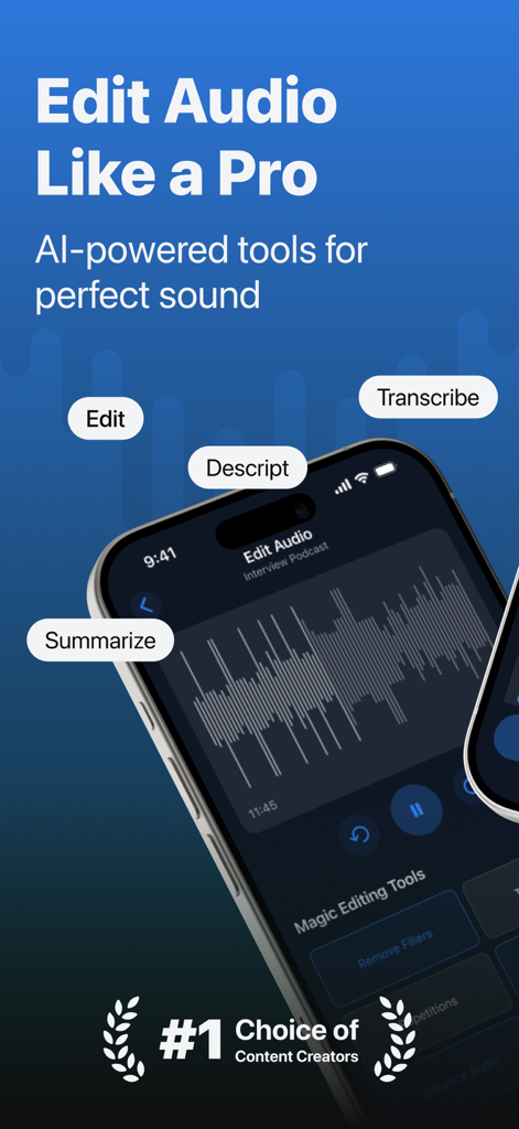 Pantalla de la aplicación móvil Descript Ai que muestra herramientas de edición de audio IA y una onda de podcast