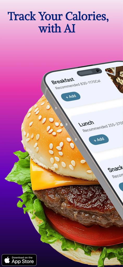 Calo AI - Calorie Counter - Interfaz de la aplicación Calo AI que muestra opciones de registro de calorías para el desayuno y el almuerzo sobre una imagen de una hamburguesa con queso
