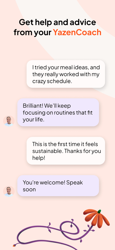 A chat interface in the Yazen app showing a conversation between a patient and a weight loss coach about sustainable meal ideas and routines