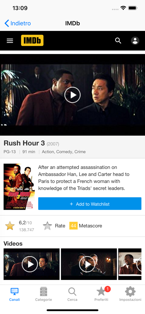 A screen from the Italian TV Schedule app showing movie details and ratings from IMDb.