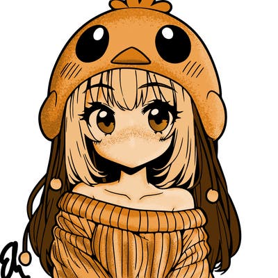 anime girl with chick shaped hat with sweater with bare shoulders with bangs covering them one eye with low tail