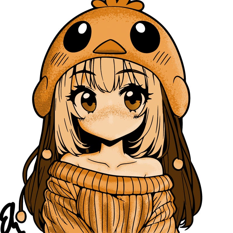 anime girl with chick shaped hat with sweater with bare shoulders with bangs covering them one eye with low tail