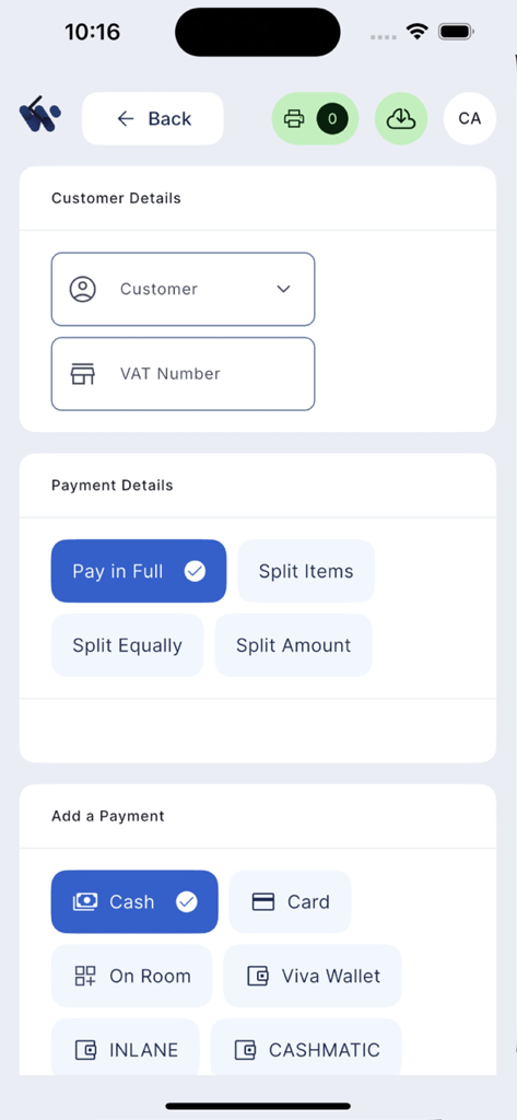 Twine POS - Twine POS mobile checkout screen featuring customer details and various payment options like cash card and split payments