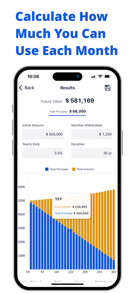 Compound Interest Calculator P - Interfaz de la calculadora de interés compuesto que muestra un gráfico de simulación de retiro a 30 años con detalles de principal e interés