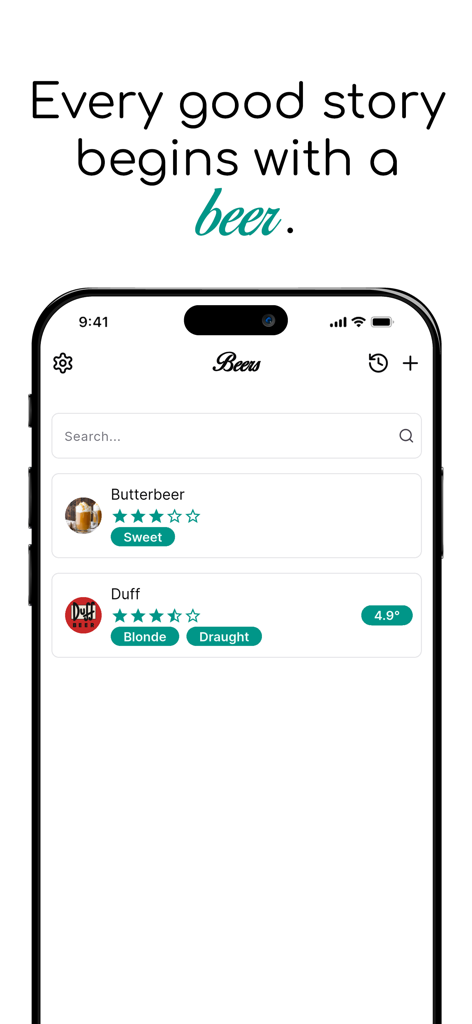 Beerstory – My beer library - Beerstory app interface on iPhone showing a list of rated beers with tags and star ratings
