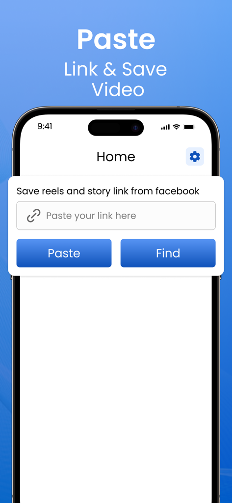 FSaver : Video Saver - La interfaz de la aplicación FSaver muestra el campo para pegar el enlace y el botón de buscar para guardar reels e historias de Facebook