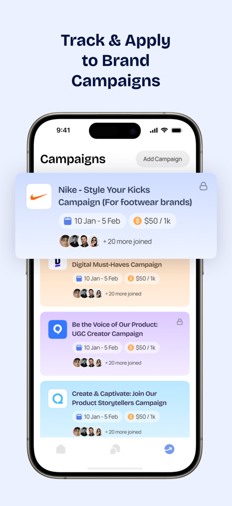 Interface of the Campus Creator Club app displaying a list of brand campaigns for student creators to track and apply for paid deals.