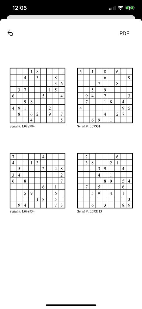 PDF preview of four printable Sudoku puzzles with serial numbers