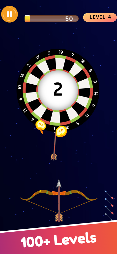 Twisty Arrow Game and Archery - Twisty Arrow Archery game interface showing a bow aiming at a numbered spinning target.